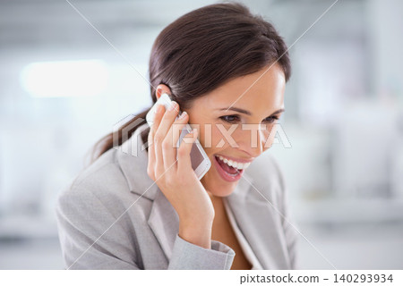 Professional, thinking and happy phone call with woman in office with communication on investment. Investor, smile and networking chat on smartphone with information for client on stocks or finance 140293934
