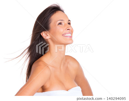 Makeup, thinking and woman with cosmetics and beauty with morning routine in studio. Skincare, smile and shower towel with happy person ready to start day with dermatology and white background Makeup, thinking and woman with cosmetics and beauty with morning routine in studio. Skincare, smile and shower towel with happy person ready to start day with dermatology and white background 140294095