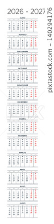 Spanish 2026-2027 Vertical Linear Grid Efficiency Annual Calendar Template Minimalist Yearly Workflow Grid (Compatible with 2037-2038 and 2054-2055). 140294176