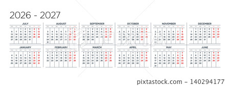 English 2026-2027 Horizontal 6x2 Grid Geometric Yearly Calendar Layout Modern Annual Business Planner (Compatible with 2037-2038 and 2054-2055). 140294177