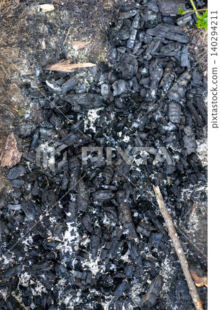 White ash specks mix with charred wood pieces White ash specks mix with charred wood pieces 140294211