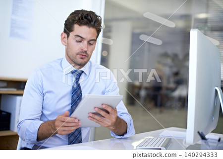 Tablet, reading and businessman in office for research on finance budget project for company. Computer, professional and male financial advisor working on account with digital technology in workplace Tablet, reading and businessman in office for research on finance budget project for company. Computer, professional and male financial advisor working on account with digital technology in workplace 140294333
