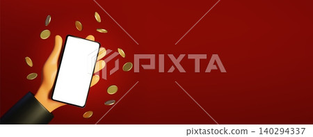 3d hand holding smartphones, falling gold coins 3d hand holding smartphones, falling gold coins 140294337