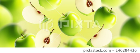 Realistic 3D blurred green apple flying background Realistic 3D blurred green apple flying background 140294436
