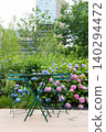 A garden table and chairs placed on a terrace where hydrangeas are in bloom. 140294472