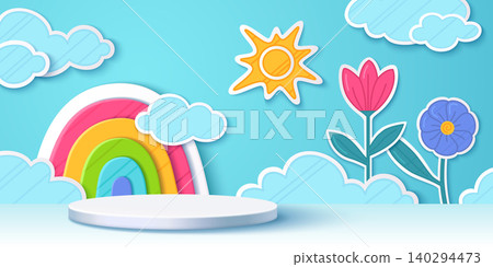 Round podium with paper cut rainbow and flowers Round podium with paper cut rainbow and flowers 140294473
