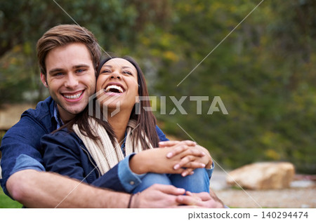 Portrait, outdoor and couple with love, funny and happiness with nature and summer with weekend break. Smile, man or woman on vacation or adventure with getaway trip or bonding together with laughing Portrait, outdoor and couple with love, funny and happiness with nature and summer with weekend break. Smile, man or woman on vacation or adventure with getaway trip or bonding together with laughing 140294474