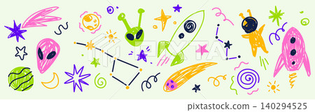 Hand drawn space doodles, colorful crayon icons Hand drawn space doodles, colorful crayon icons 140294525