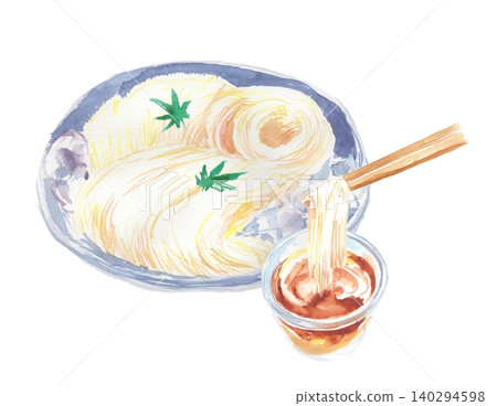 A watercolor illustration of somen noodles and dipping sauce being picked up with chopsticks. 140294598