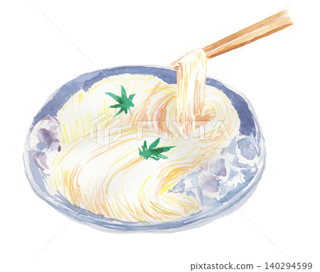 A watercolor illustration of somen noodles being picked up with chopsticks. 140294599