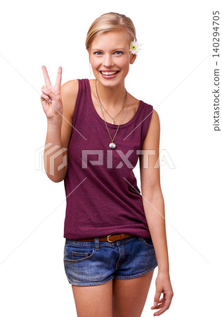 Happy woman, portrait and peace sign with fashion or flower isolated on white background. Casual girl, model and natural person in studio with v hand gesture, spring clothes or smile with support Happy woman, portrait and peace sign with fashion or flower isolated on white background. Casual girl, model and natural person in studio with v hand gesture, spring clothes or smile with support 140294705