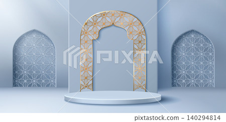 Elegant Ramadan podium with arch, islamic pattern Elegant Ramadan podium with arch, islamic pattern 140294814