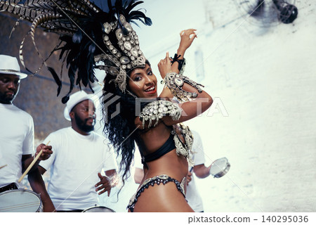 Band, dancing or happy woman in festival celebration, music culture or samba in Rio de Janeiro, Brazil. Night, party performance or girl dancer with smile at carnival, parade event or fun live show Band, dancing or happy woman in festival celebration, music culture or samba in Rio de Janeiro, Brazil. Night, party performance or girl dancer with smile at carnival, parade event or fun live show 140295036