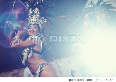 Smile, festival or happy woman in costume or portrait for celebration, music culture or band in Brazil. Night event, party or girl dancer with energy at carnival, parade or fun show in Rio de Janeiro Smile, festival or happy woman in costume or portrait for celebration, music culture or band in Brazil. Night event, party or girl dancer with energy at carnival, parade or fun show in Rio de Janeiro 140295038