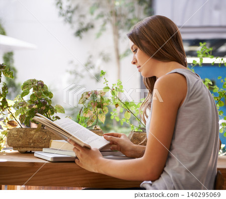 Education, reading and woman with book in cafeteria for knowledge with literature in morning. Diner, student and female person with novel or story for studying for assignment or test in restaurant. Education, reading and woman with book in cafeteria for knowledge with literature in morning. Diner, student and female person with novel or story for studying for assignment or test in restaurant. 140295069