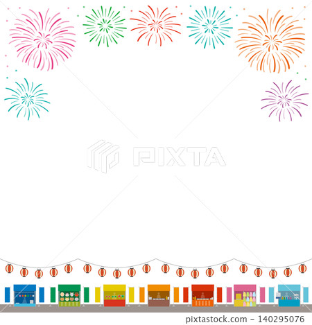 A square frame illustration featuring fireworks, food stalls, and lanterns, evoking the image of a festival. A square frame illustration featuring fireworks, food stalls, and lanterns, evoking the image of a festival. 140295076