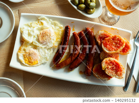 Sausages chistorra with scrambled eggs for breakfast. Healthy food Sausages chistorra with scrambled eggs for breakfast. Healthy food 140295132