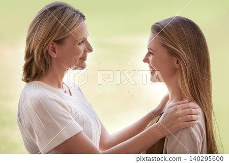 Women, mother and daughter with embrace, smile and mature person with connection, care and love. Mom, girl and family with bonding, reunion and support with relationship, happy and together Women, mother and daughter with embrace, smile and mature person with connection, care and love. Mom, girl and family with bonding, reunion and support with relationship, happy and together 140295600