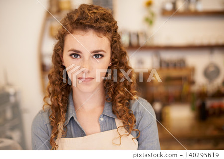 Portrait, restaurant and woman with confidence in small business for service with pride in store. Coffee shop, cafe and face of girl manager with hospitality, bakery or entrepreneur at startup deli. Portrait, restaurant and woman with confidence in small business for service with pride in store. Coffee shop, cafe and face of girl manager with hospitality, bakery or entrepreneur at startup deli. 140295619