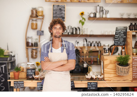Portrait, welcome and man with confidence in restaurant for service with happy small business owner. Local coffee shop, cafe or bistro manager with smile, hospitality or entrepreneur at startup store Portrait, welcome and man with confidence in restaurant for service with happy small business owner. Local coffee shop, cafe or bistro manager with smile, hospitality or entrepreneur at startup store 140295624