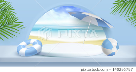 Summer beach podium with palm trees and ocean view Summer beach podium with palm trees and ocean view 140295797