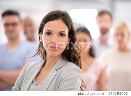 Business woman, portrait and leadership in team, group or colleagues with confidence in office. Manager, employees and people with coworkers in workplace for solidarity, career or professional at job Business woman, portrait and leadership in team, group or colleagues with confidence in office. Manager, employees and people with coworkers in workplace for solidarity, career or professional at job 140295902