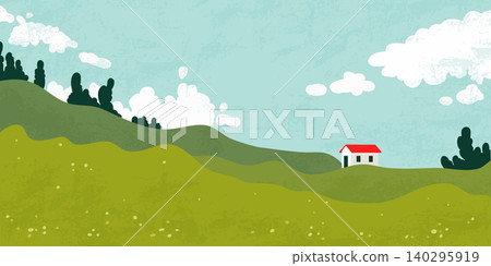 Green grass hills, spring meadow, blue sky, clouds Green grass hills, spring meadow, blue sky, clouds 140295919
