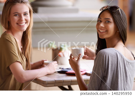 Friends, women and portrait at coffee shop for happy, social life and funny chat casual meeting. Face of customer or people with drink or latte at a cafe, restaurant or small business for a break Friends, women and portrait at coffee shop for happy, social life and funny chat casual meeting. Face of customer or people with drink or latte at a cafe, restaurant or small business for a break 140295950