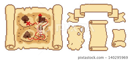 Pixel art game scrolls, vintage parchment frames 140295969