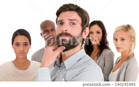 Business, people and portrait in studio for teamwork, leadership and thinking, success or confident. Face, job and ideas with group of employees, looking professional or serious on a white background Business, people and portrait in studio for teamwork, leadership and thinking, success or confident. Face, job and ideas with group of employees, looking professional or serious on a white background 140295995