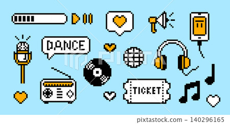 Pixel art music icons retro colors set isolated Pixel art music icons retro colors set isolated 140296165