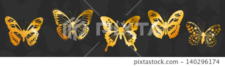 Golden butterfly silhouette with gold metal wings 140296174