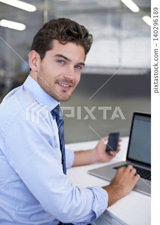 Businessman, computer and research with office, portrait and technology for communication. Accountant, startup and company with laptop, phone and screen for online workspace and accounting career 140296189