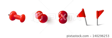 Red thumbtack pin icons, 3d realistic pushpins Red thumbtack pin icons, 3d realistic pushpins 140296253