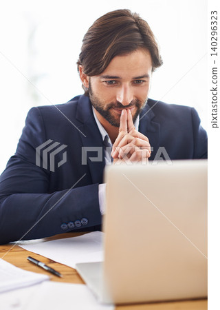 Lawyer, man and office with laptop and idea at work, smile and paperwork with information for court. Law firm, small business and document with thinking for contract to analyze, case and regulation. Lawyer, man and office with laptop and idea at work, smile and paperwork with information for court. Law firm, small business and document with thinking for contract to analyze, case and regulation. 140296323