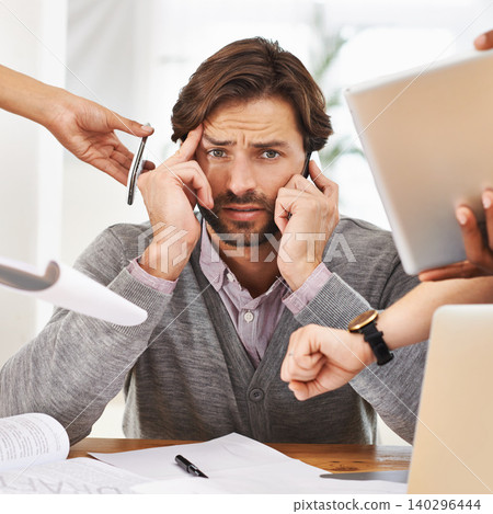 Businessman, portrait and overworked with hands, chaos and frustrated in workplace for multitasking. Male person, headache and overworked with digital tech, documents and technology for deadline time 140296444