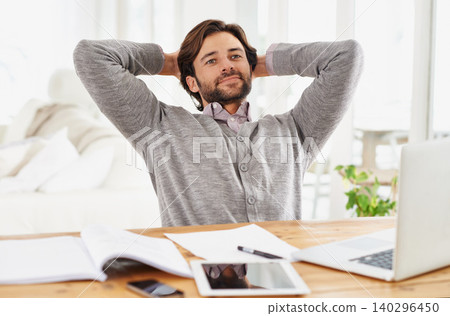 Businessman, relax and smile with laptop at home for remote, freelance work and internet research. Male person, hands and head for break, wellness and technology in home office for online job Businessman, relax and smile with laptop at home for remote, freelance work and internet research. Male person, hands and head for break, wellness and technology in home office for online job 140296450