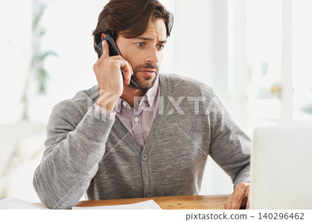 Laptop, problem and businessman with phone call in office to report a glitch or 404 error with internet. Virtual, communication and frustrated with computer for business and consultation for help Laptop, problem and businessman with phone call in office to report a glitch or 404 error with internet. Virtual, communication and frustrated with computer for business and consultation for help 140296462