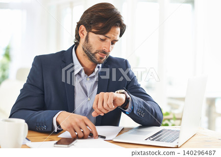 Check, watch and businessman with schedule in office for appointment or reminder of agenda. Busy, entrepreneur and time management with clock and planning timetable for day in morning with wristwatch Check, watch and businessman with schedule in office for appointment or reminder of agenda. Busy, entrepreneur and time management with clock and planning timetable for day in morning with wristwatch 140296487