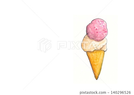手繪水彩插圖，描繪了草莓冰淇淋和香草冰淇淋。 （左側留白） 140296526
