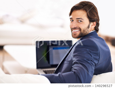 Happy, portrait and businessman with remote work on sofa with laptop in home or living room. Entrepreneur, smile and working in lounge with computer for online research, report or journalist writing Happy, portrait and businessman with remote work on sofa with laptop in home or living room. Entrepreneur, smile and working in lounge with computer for online research, report or journalist writing 140296527