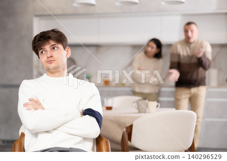 Adult man and young woman quarrel with guy Adult man and young woman quarrel with guy 140296529