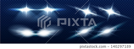 Glowing car front lamps beams, headlight led glare Glowing car front lamps beams, headlight led glare 140297189