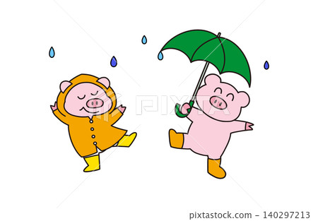 A cute pig character color illustration enjoying a rainy day A cute pig character color illustration enjoying a rainy day 140297213