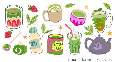Matcha drink set isolated on white background Matcha drink set isolated on white background 140297240