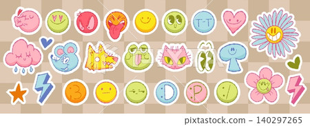 Trendy Y2K sticker pack with groovy smiling faces Trendy Y2K sticker pack with groovy smiling faces 140297265