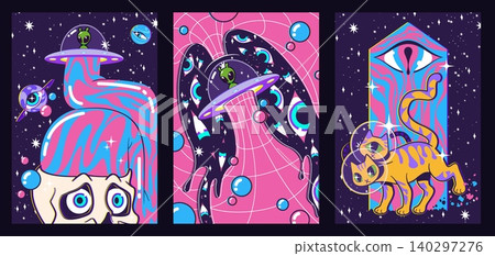 Groovy poster set with psychedelic retro design 140297276