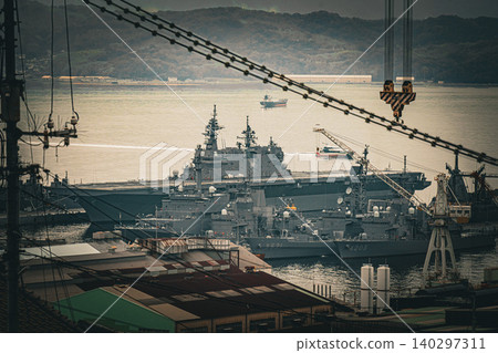 Scenery of the naval port of Kure, Hiroshima, Japan; Japan Self-Defense Forces destroyer Scenery of the naval port of Kure, Hiroshima, Japan; Japan Self-Defense Forces destroyer 140297311