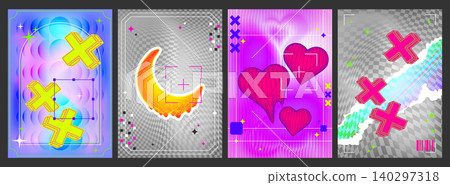 Y2K aesthetic posters with 3d geometric patterns Y2K aesthetic posters with 3d geometric patterns 140297318