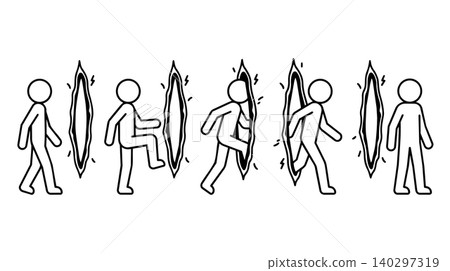 Stick figure portal travel and dimension rift line art vector icon set. People stepping through crack, time travel, future transition, and innovation concept. 140297319